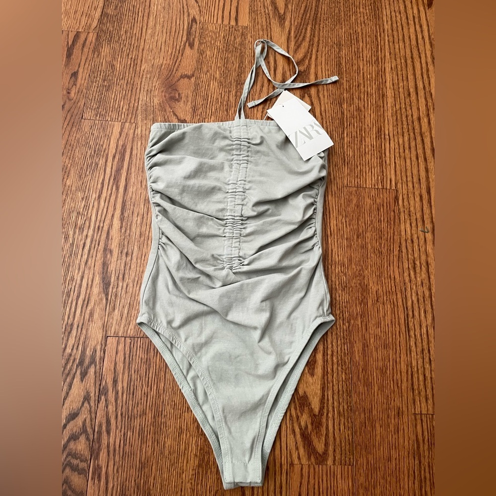 Zara Mint Cotton Halter Top Bodysuit with Chest Ruching Size Small